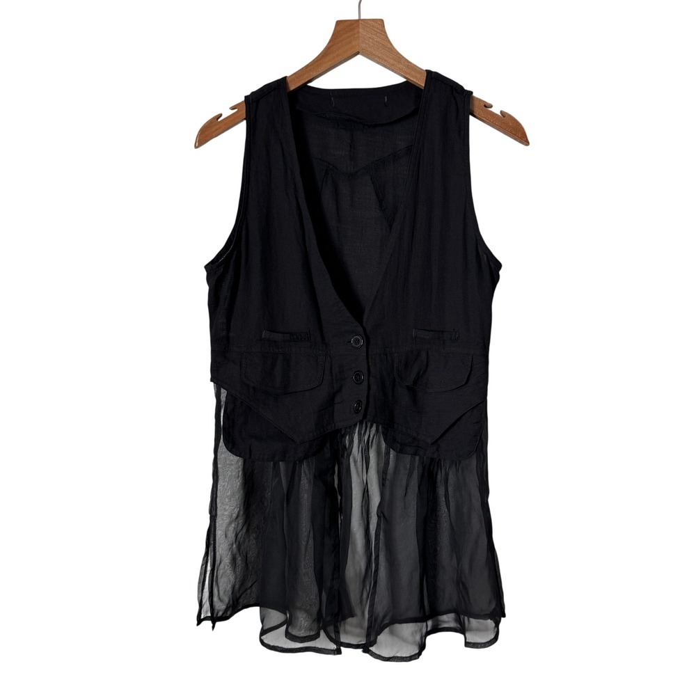 Whimsygoth Y2K Black Sheer Hem Button Front Waistcoat Vest Pockets Womens Small